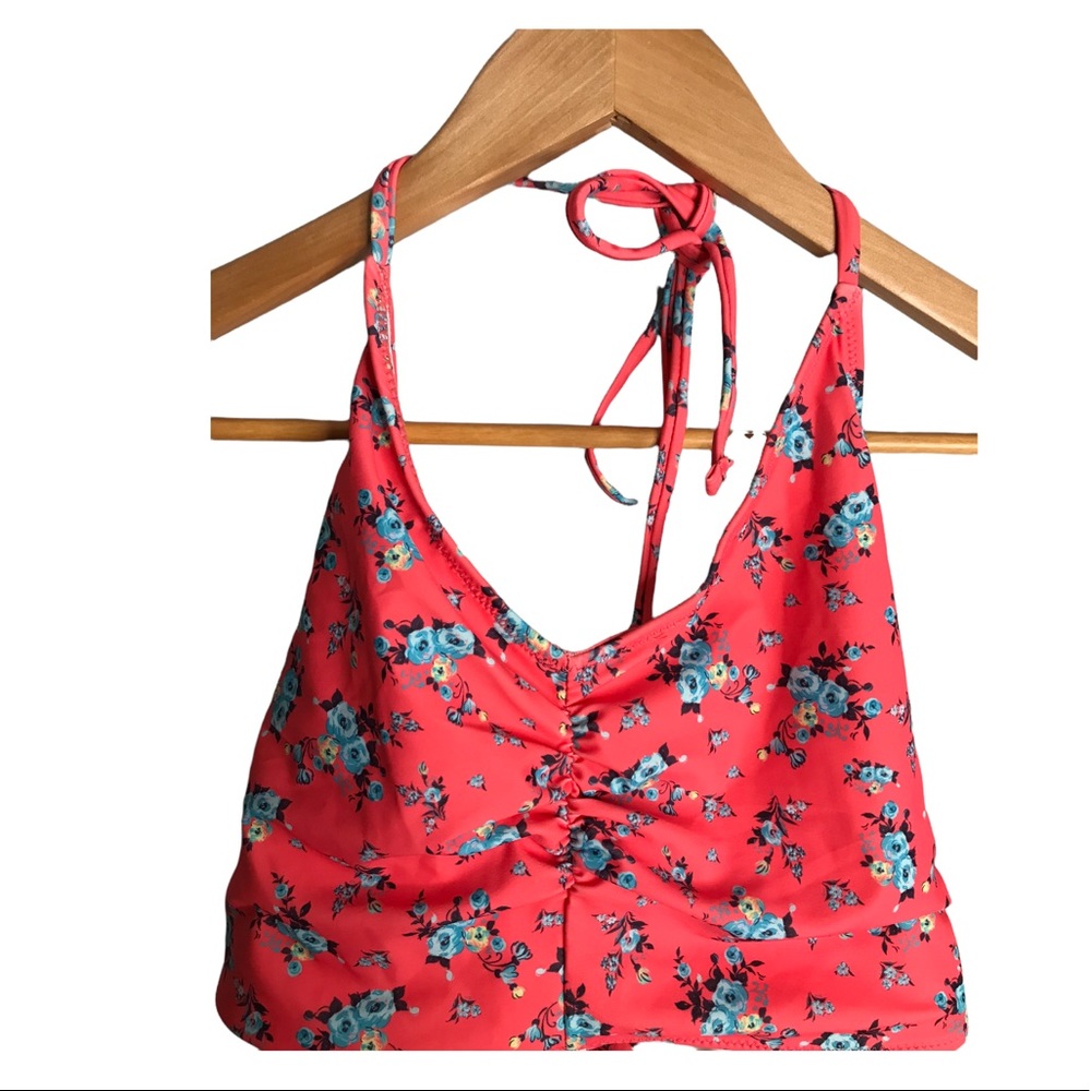 Cupshe | Pink Floral Tankini Bikini Top lace Up back halter tie bikini top • - Picture 4 of 7